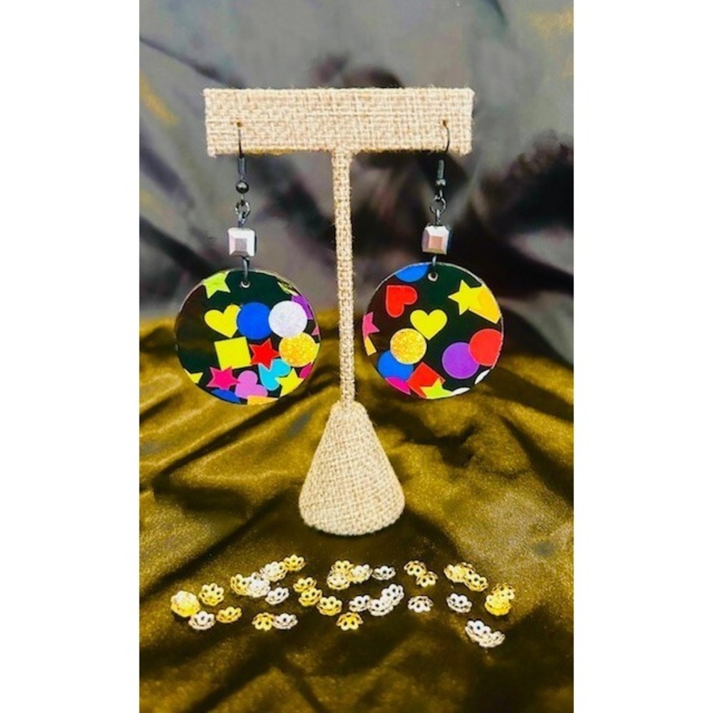 Handmade Retro Pop Art Multicolor Geometric Round Dangle Drop Earrings